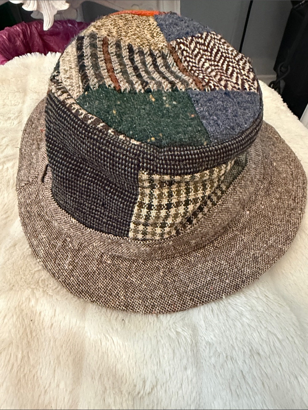 Vintage Patchwork Wool Tweed Bucket Hat in Brown and Green